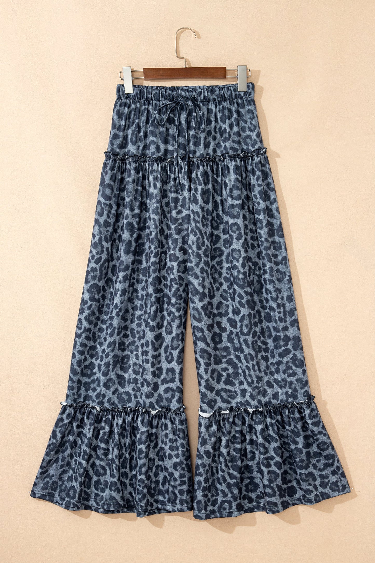 Gray Wild Leopard Print Frilled Detail Drawstring Wide Leg Pants  DAME BOHEME