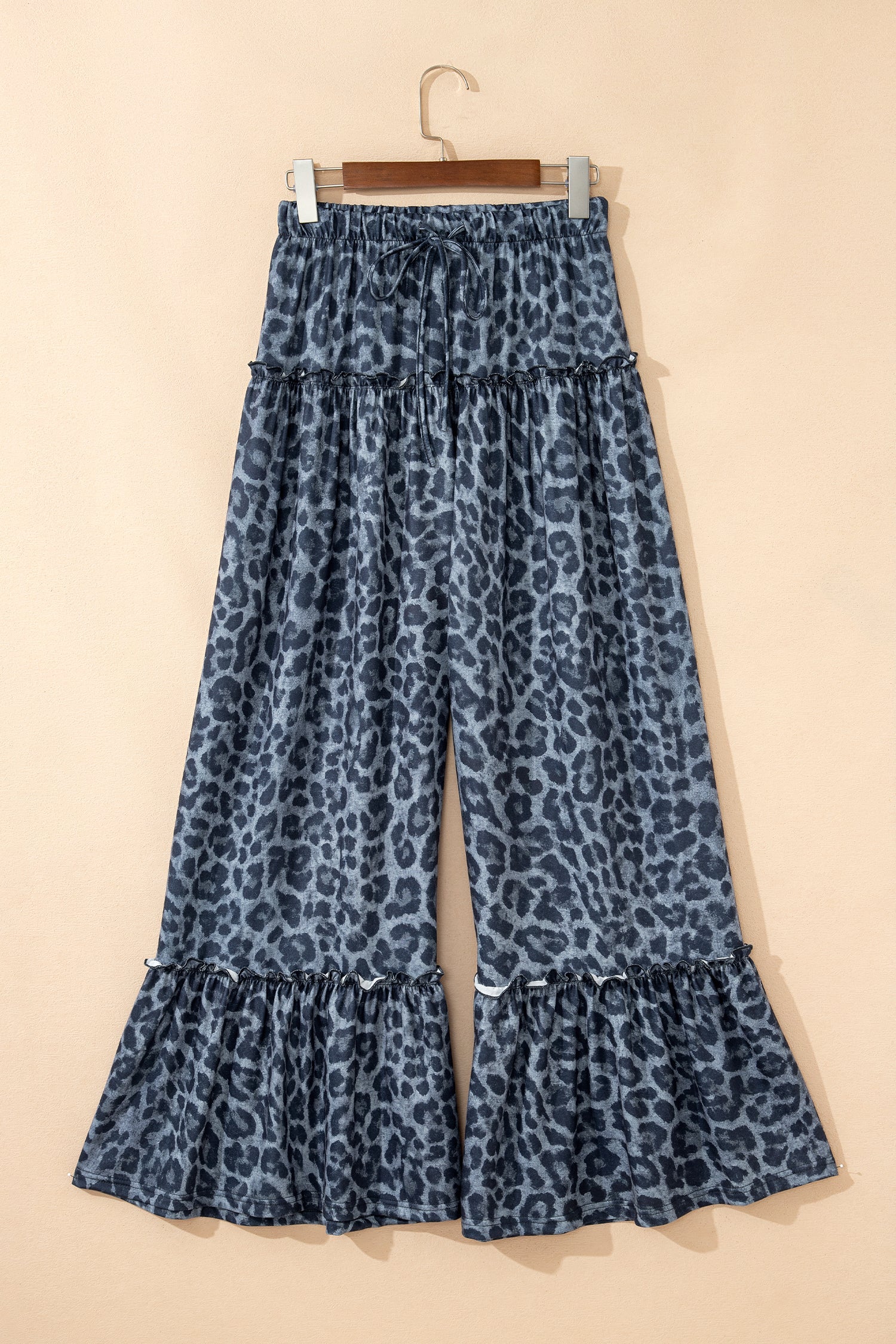 Gray Wild Leopard Print Frilled Detail Drawstring Wide Leg Pants  DAME BOHEME