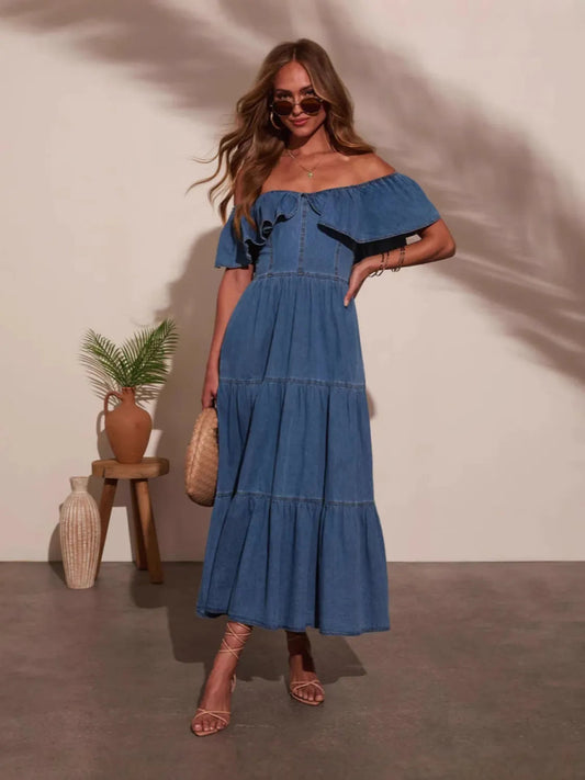Off Shoulder Ruffle Tiered Denim Midi Dress Trendsi