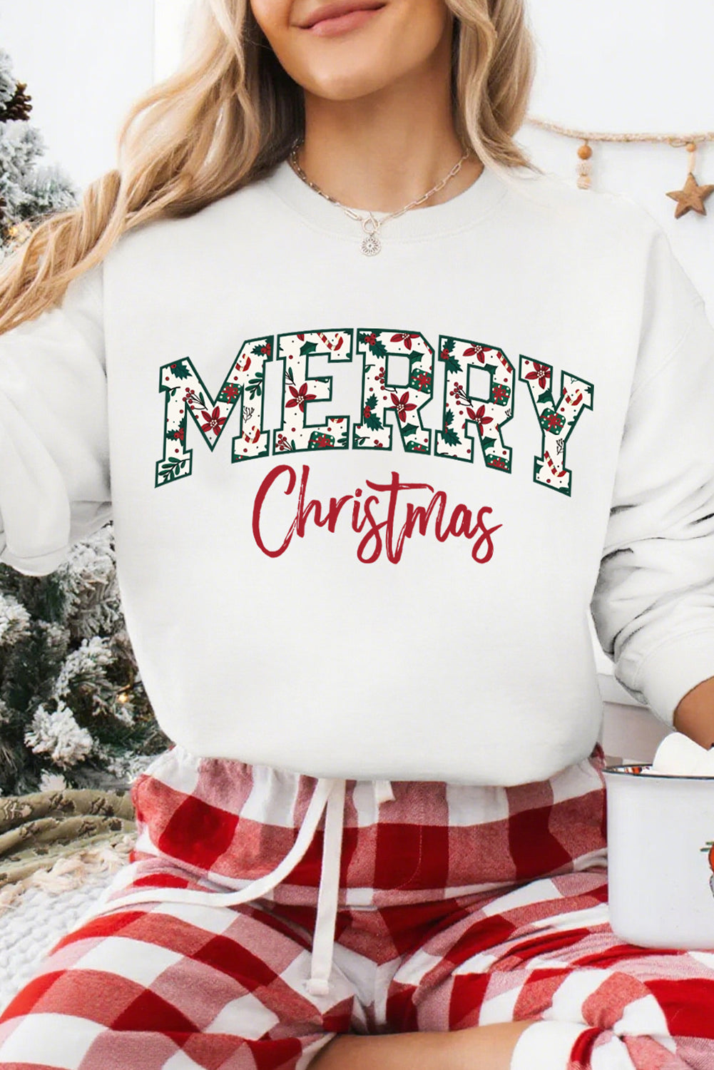 White Merry Christmas Graphic Heat Transfer Printing Cotton Blend Sweatshirt  DAME BOHEME