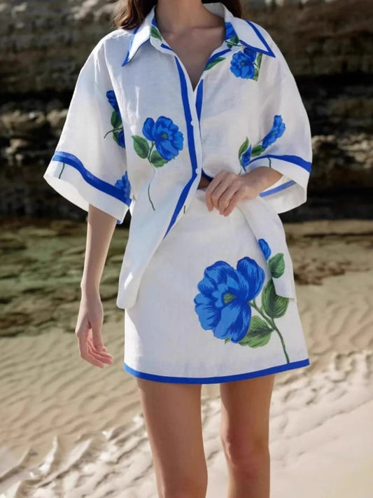 Floral Print Button-Up Shirt and Mini Skirt Set Plus Size Trendsi