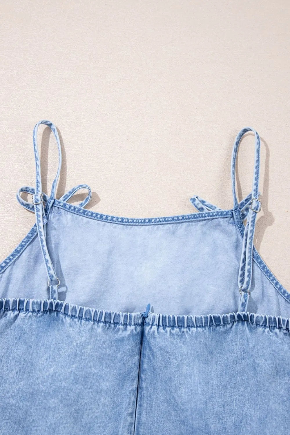 Bow Detail Spaghetti Straps Ruffle Hem Denim Dress Simply Love