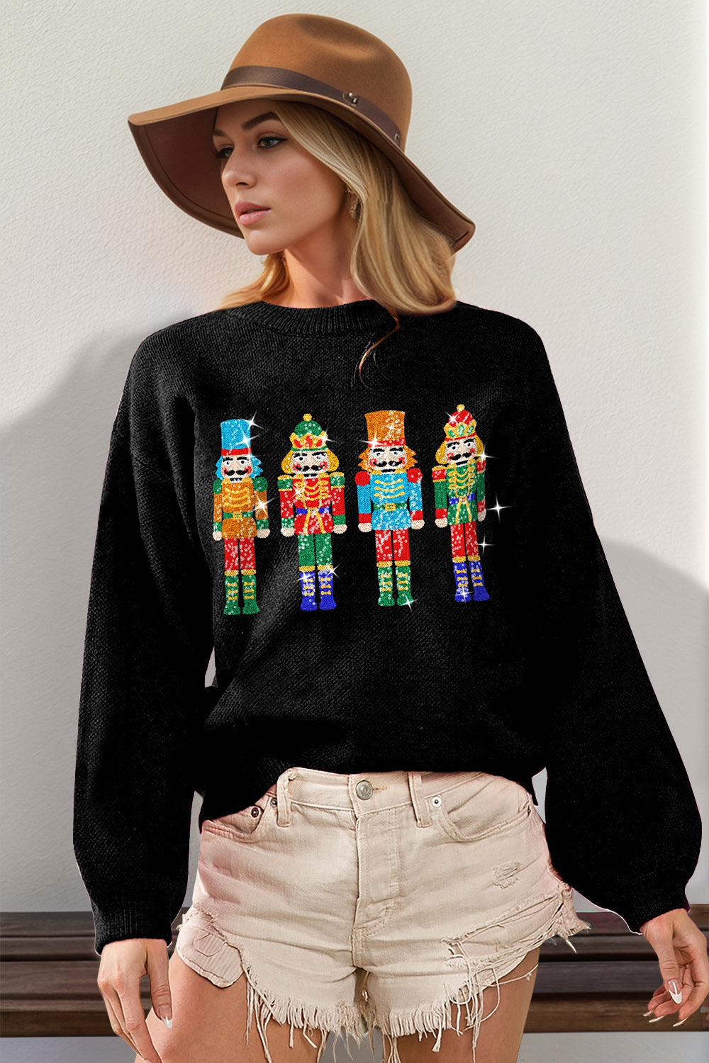 Double Take Full Size Sequin Nutcracker Long Sleeve Sweater  DAME BOHEME
