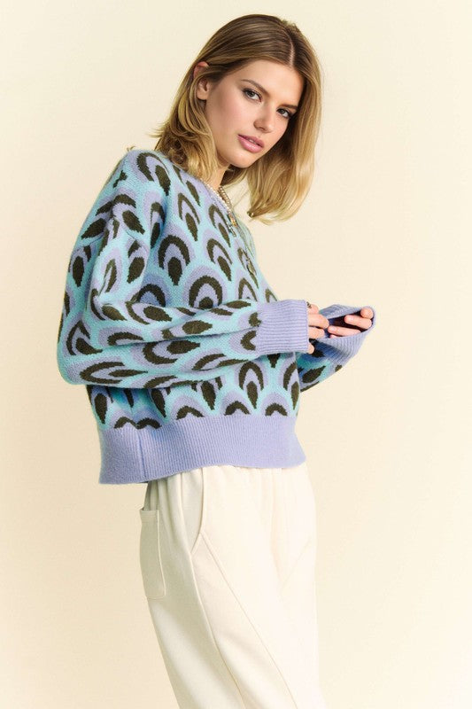 Scale Jacquard Round Neck Drop Shoulder Sweater Trendsi