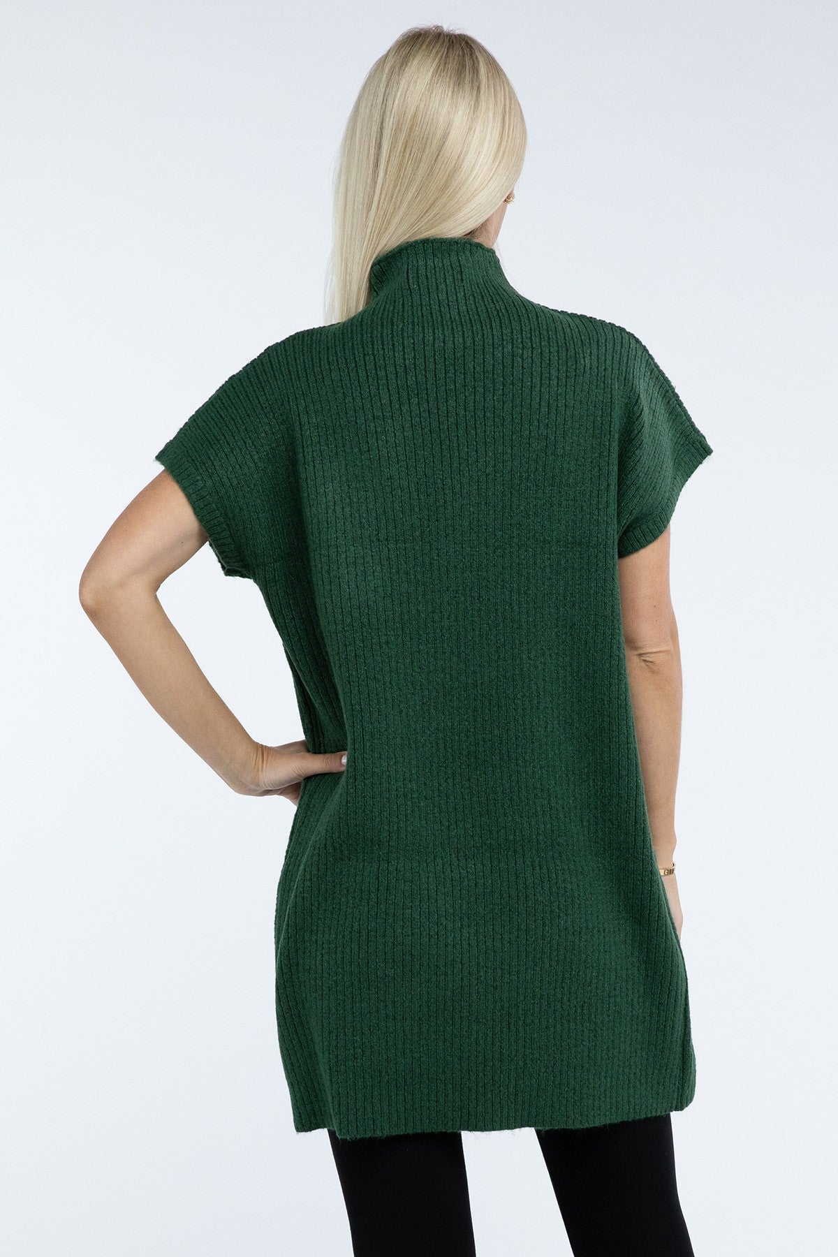 Mock Neck Short Sleeve Sweater Dress with Pocket