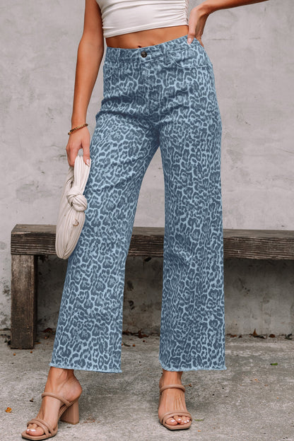 Gray Leopard Frayed Edge Wide Leg High Waist Jeans  DAME BOHEME