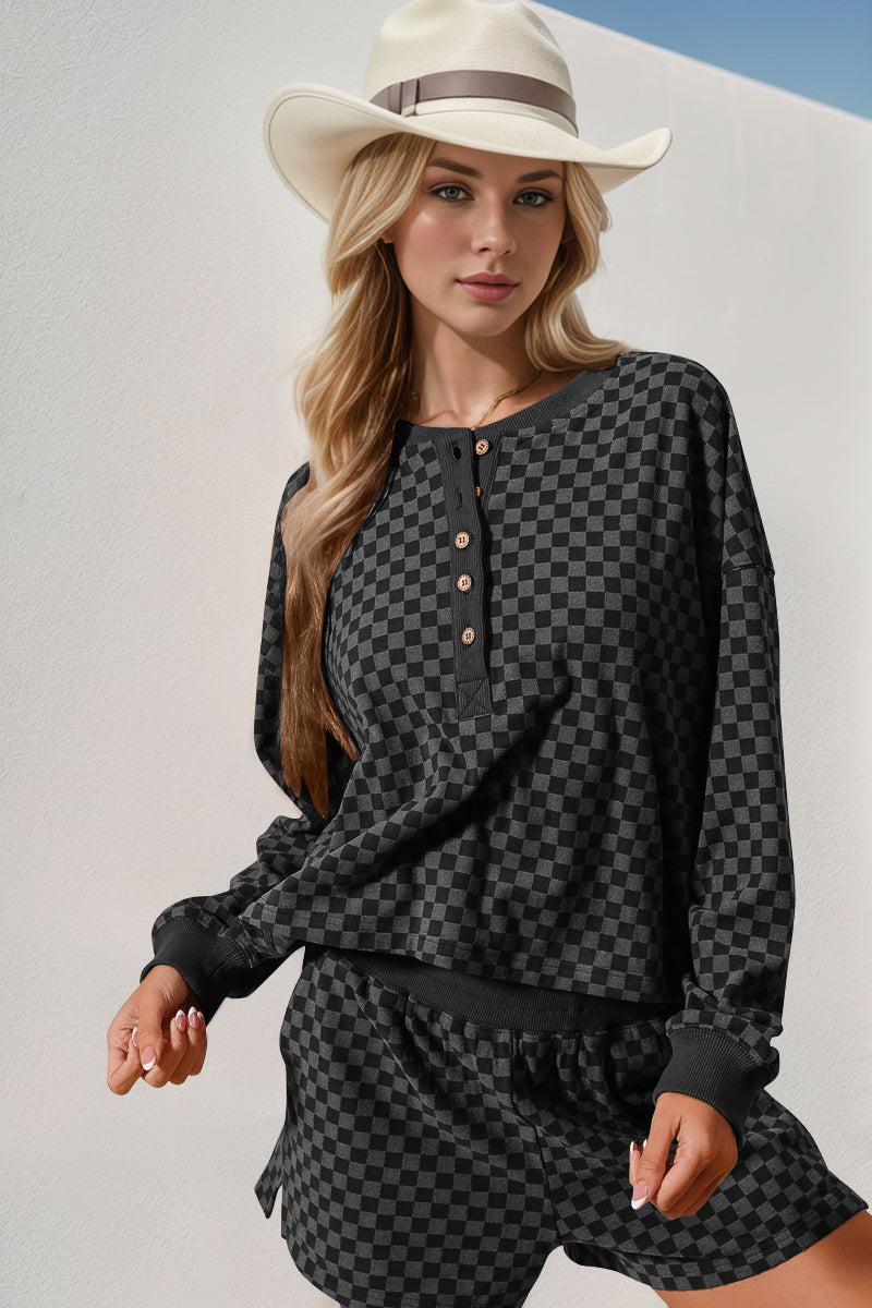 Double Take Checkered Half Button Top and Shorts Set  DAME BOHEME