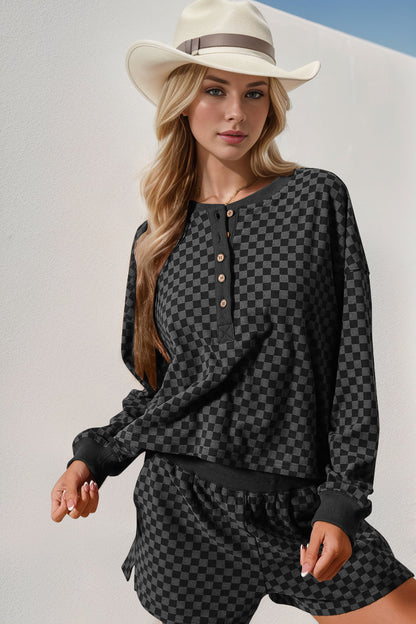 Double Take Checkered Half Button Top and Shorts Set  DAME BOHEME