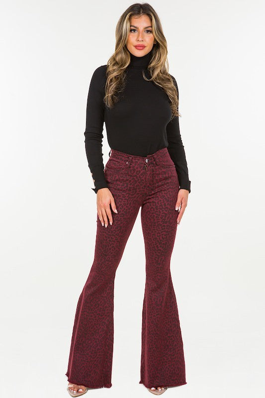 Leopard Bell Bottom Jean in Burgundy - Inseam 32