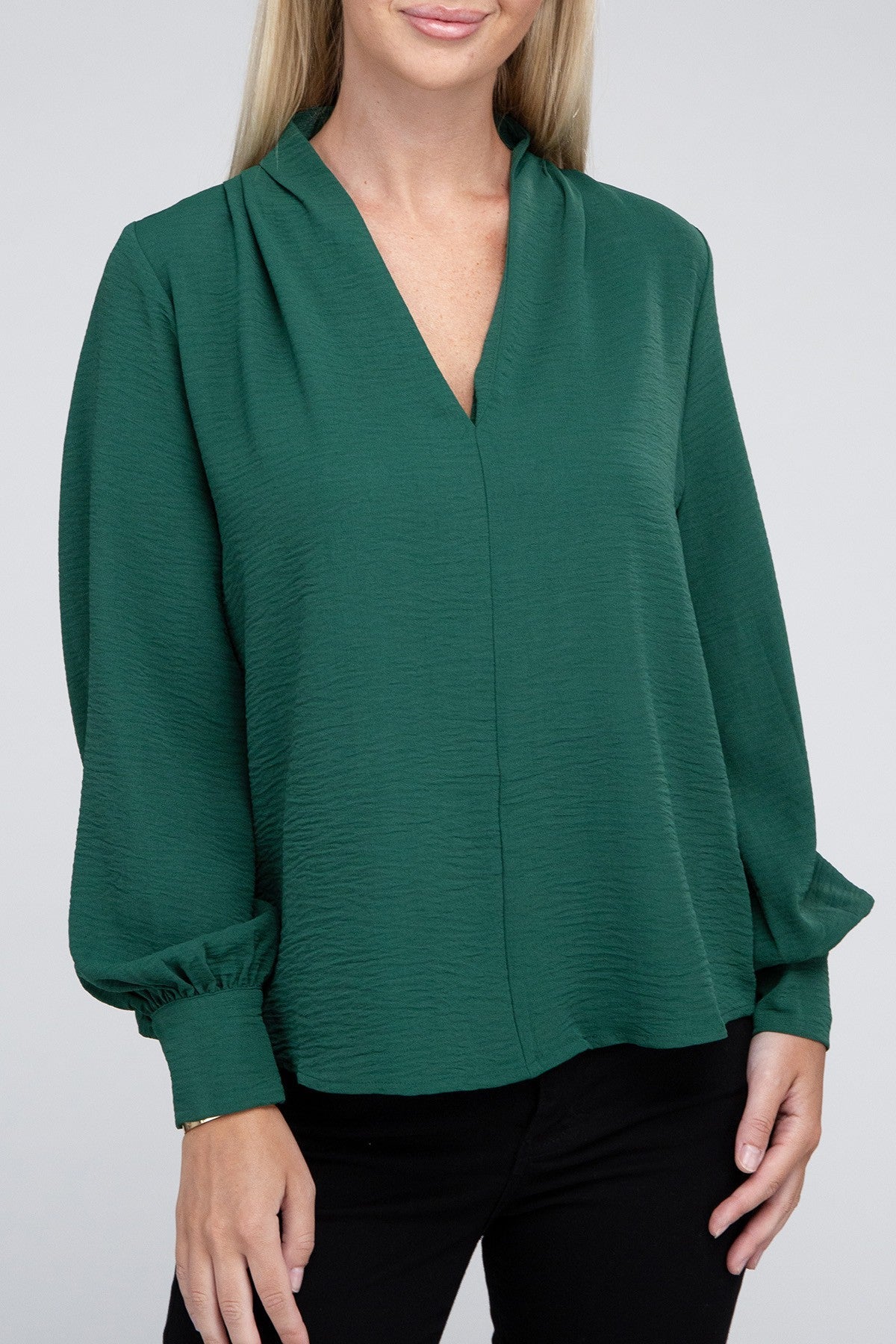 Woven Airflow V-Neck Long Sleeve Top ZENANA