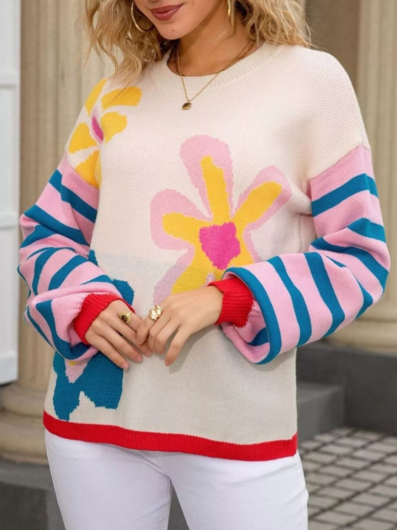 Retro Floral Striped Sleeves Crew Neck Sweater  DAME BOHEME