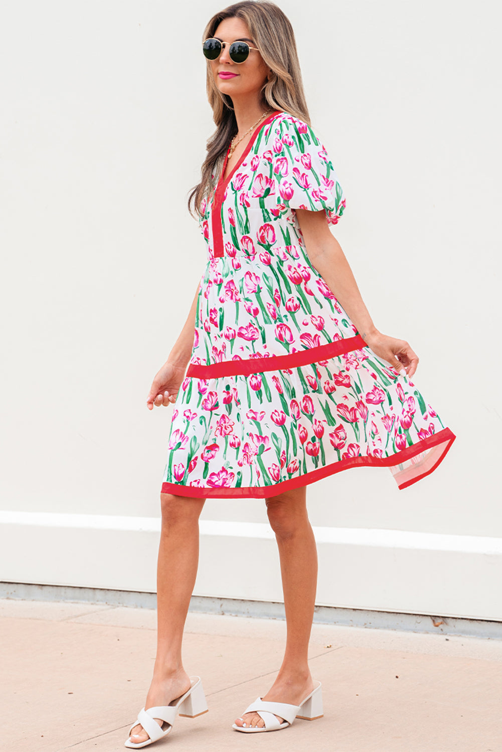 Pink Floral Print Contrast Trim V Neck Bubble Short Sleeve Babydoll Dress  DAME BOHEME