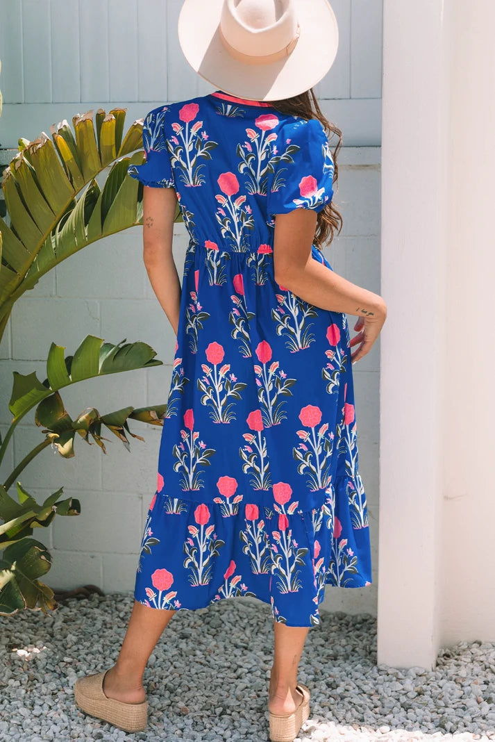 Floral Puff Short Sleeve High Waist Midi Dress Trendsi