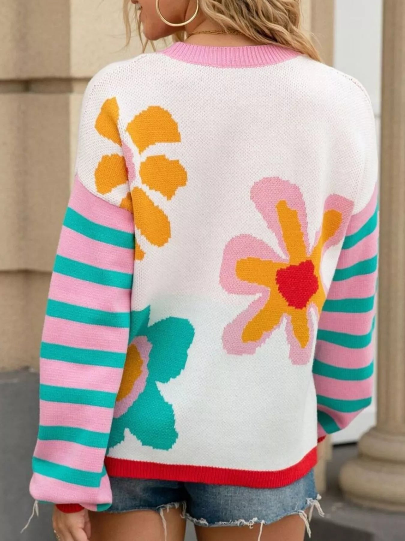 Retro Floral Striped Sleeves Crew Neck Sweater  DAME BOHEME