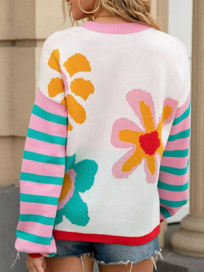 Retro Floral Striped Sleeves Crew Neck Sweater  DAME BOHEME