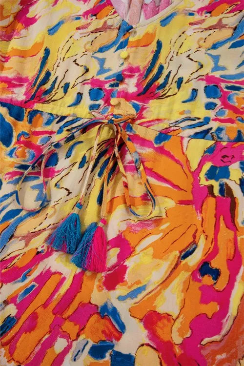 Printed Flare Sleeve Ruffled Hem Dress Trendsi