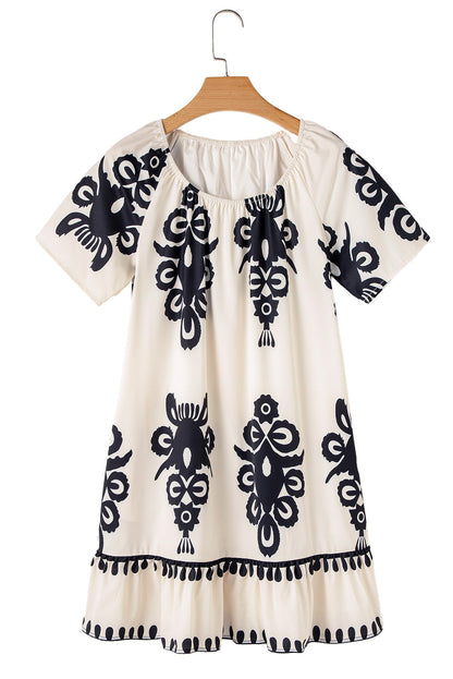 Apricot Ethnic Print Ruffle Hem Loose Mini Dress  DAME BOHEME