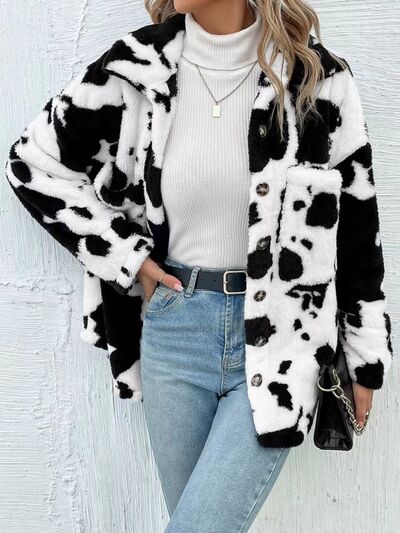 Cow Print Collared Neck Button Up  Jacket  DAME BOHEME