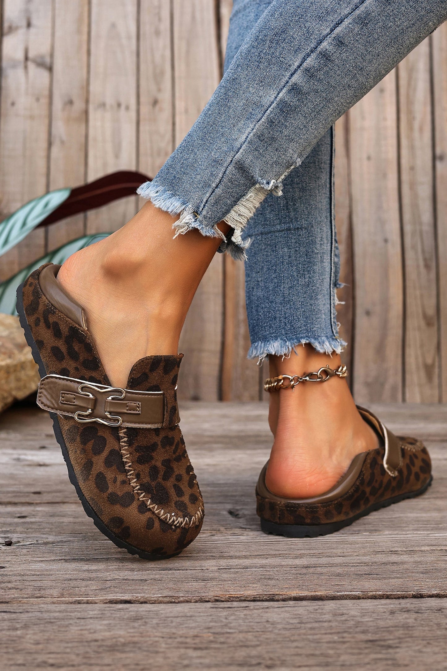 Coffee Faux Suede PU Leather Patchwork Retro Buckle Slip On Shoes  DAME BOHEME