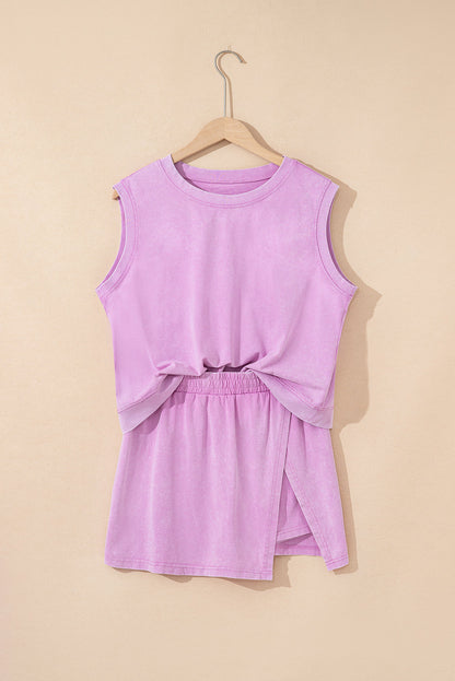 Aria 2 Pieces Mineral Wash Cotton Tank Top Lined Split Skirt Set  DAME BOHEME