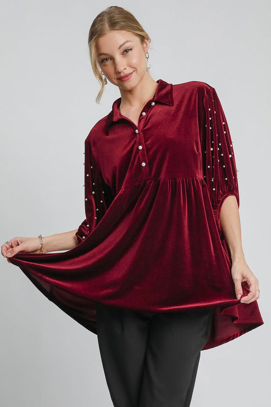 Umgee Pearl Detail Collared Neck Velvet Babydoll Blouse Trendsi