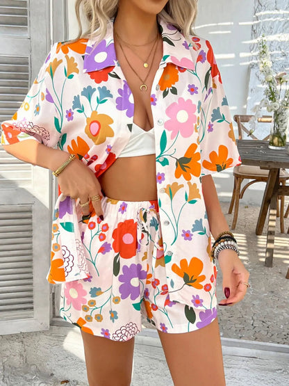Devine Tropical Print Button-Down Shirt and Shorts Set Trendsi