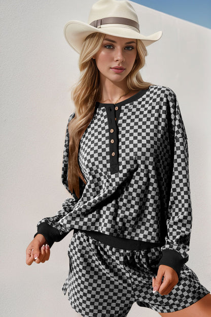 Double Take Checkered Half Button Top and Shorts Set  DAME BOHEME