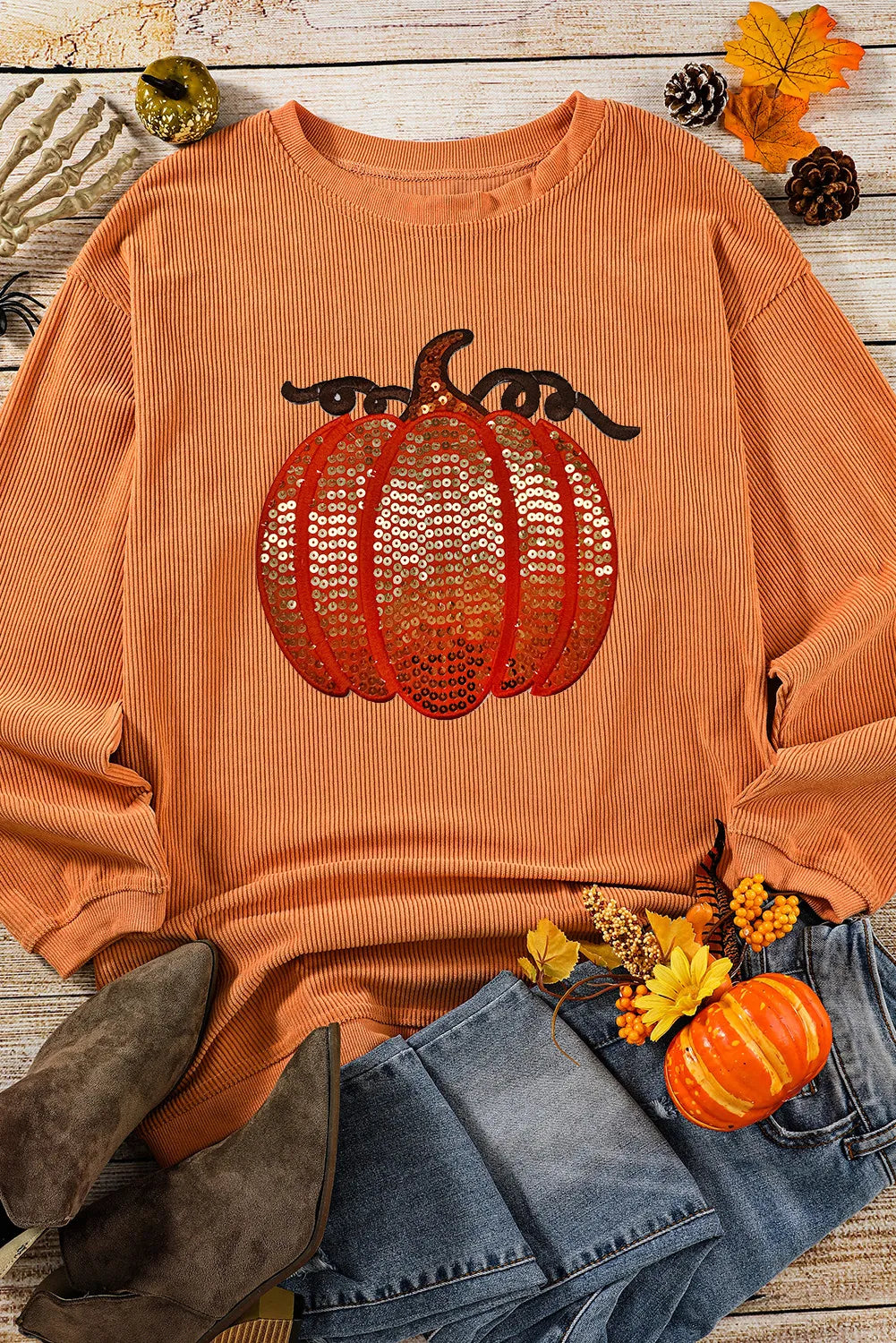 Sequin Pumpkin Round Neck Long Sleeve Sweatshirt  DAME BOHEME