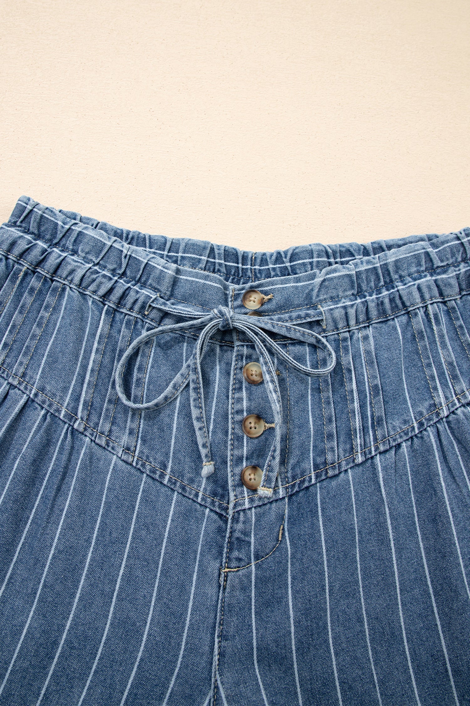 Sky Blue Stripe Button Pleated Drawstring Waist Casual Wide Leg Jeans  DAME BOHEME