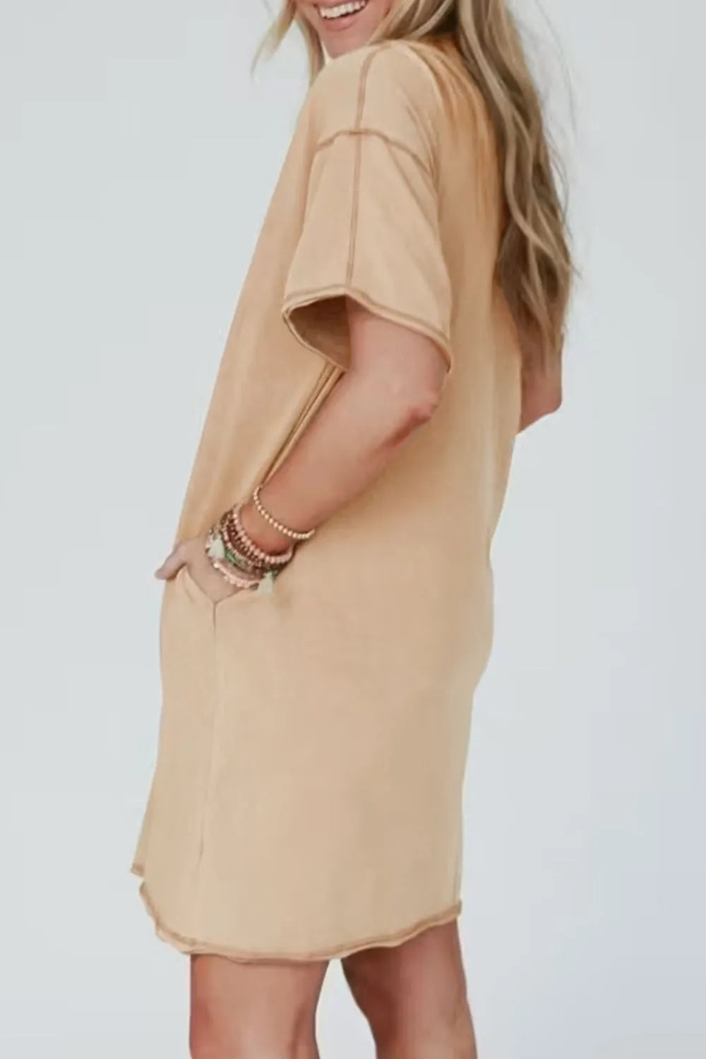 Mineral Wash Stud Beaded Star Pocketed T Shirt Dress  DAME BOHEME