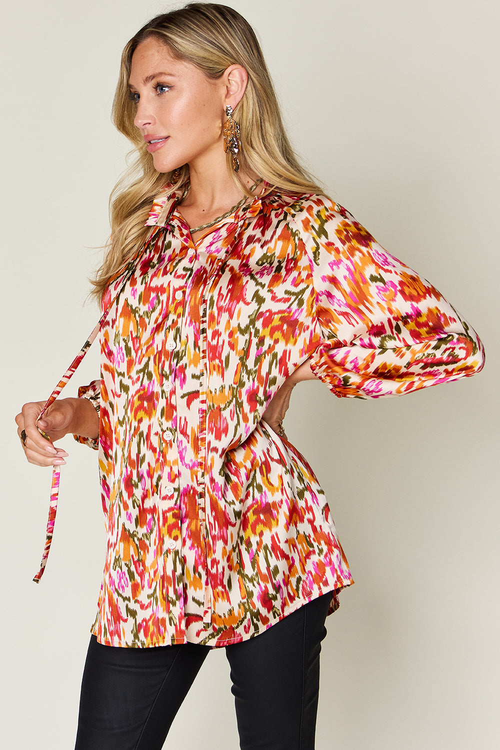 Double Take Full Size Printed Button Up Long Sleeve Shirt  DAME BOHEME
