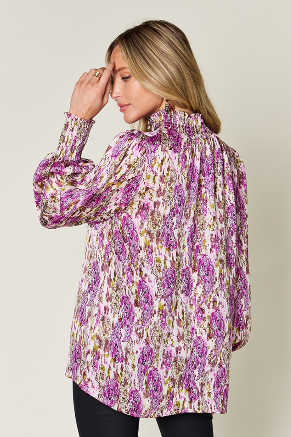 Double Take Full Size Printed Smocked Long Sleeve Blouse  DAME BOHEME