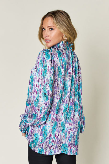 Double Take Full Size Printed Smocked Long Sleeve Blouse  DAME BOHEME