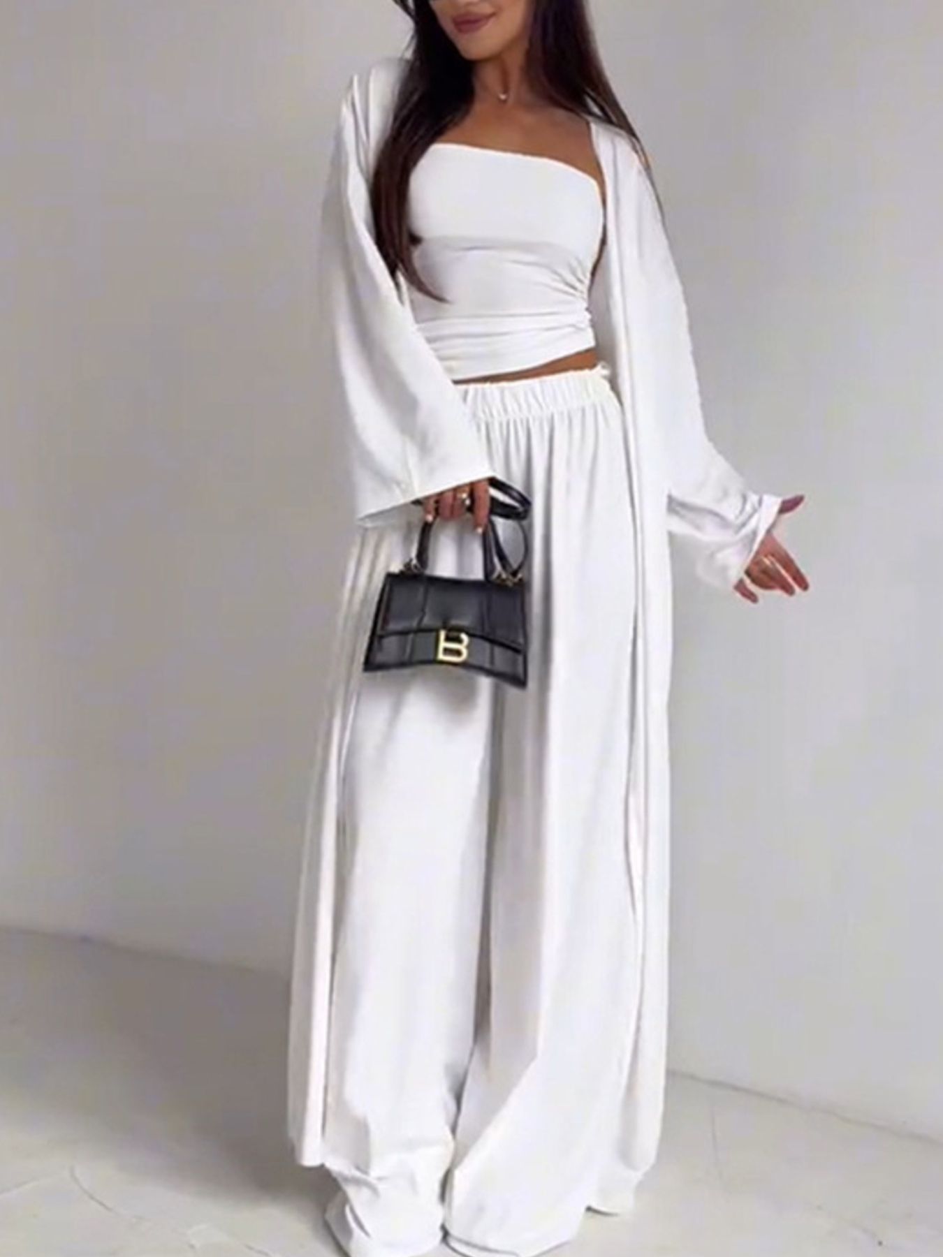 Tube Top, Long Cardigan and Flared Long Pants Three Piece Casual Set  DAME BOHEME