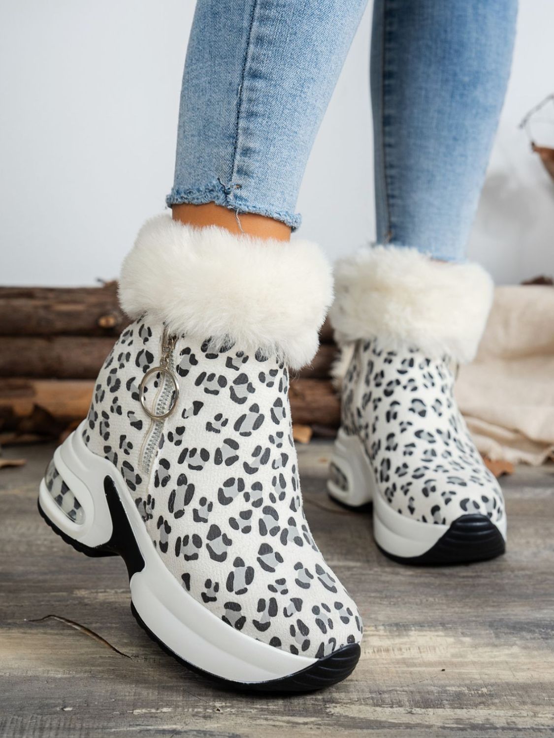 Side Zipper Leopard Suede Fur Trim Platform Boots