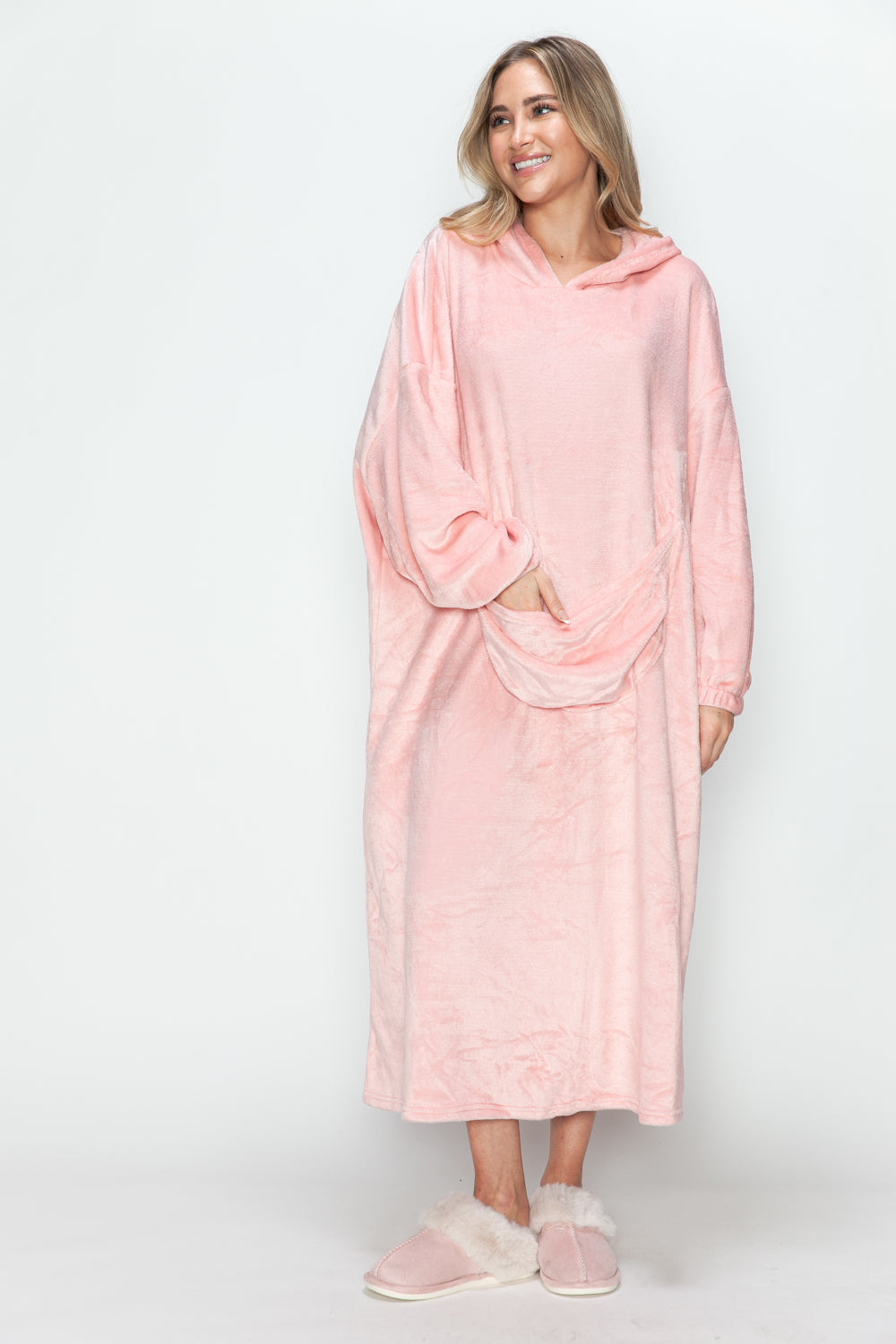 Full Size Pocketed Hooded Midi Lounge Dress Trendsi