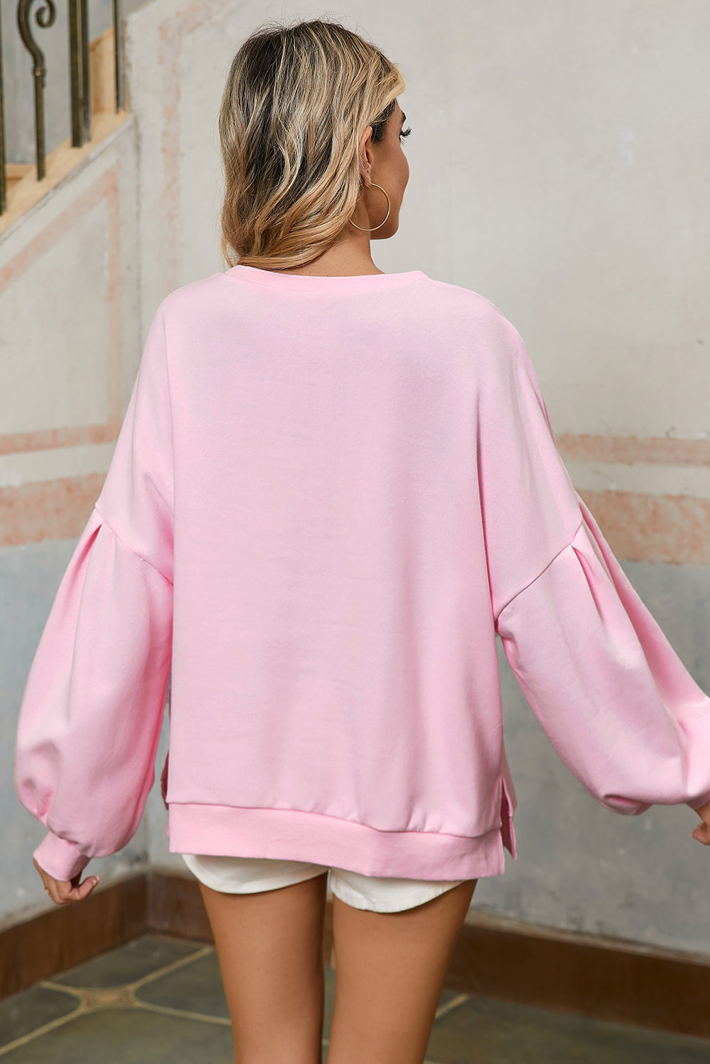 Light Pink Sweet Bow Lantern Sleeve Oversized Pullover Sweatshirt  DAME BOHEME