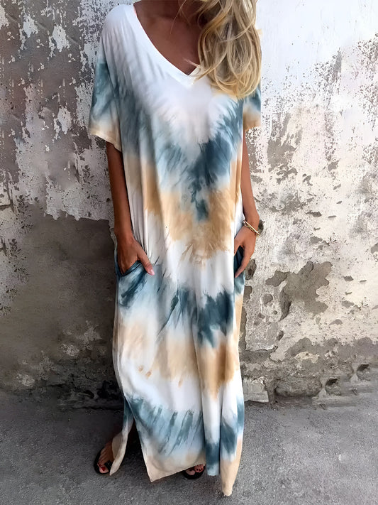 Full Size Pocketed Tie-Dye Short Sleeve Maxi Dress Trendsi