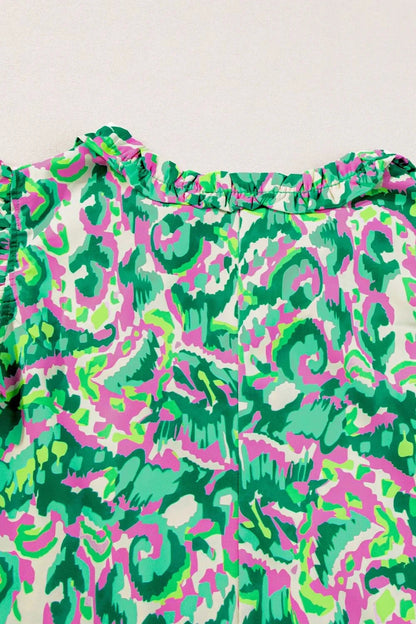 Abstract Print Ruffled Trim Tie Neck Top Simply Love