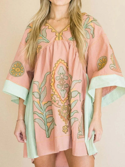 Printed V-Neck Kimono Sleeve Mini Dress Trendsi