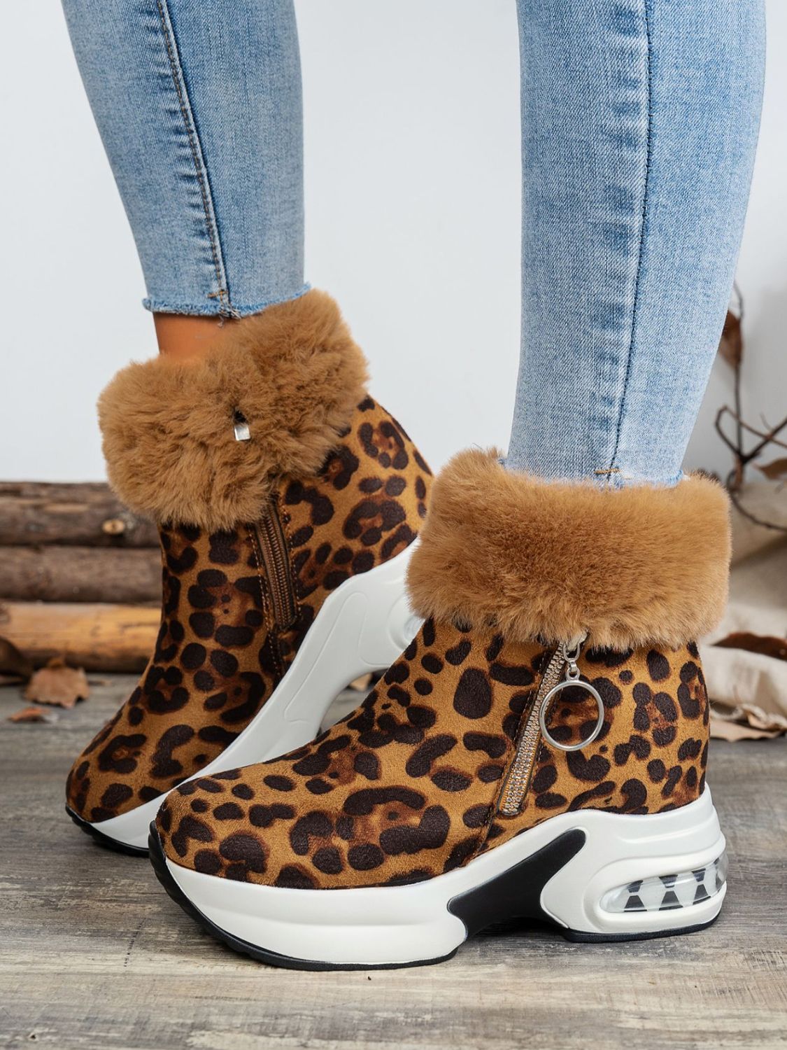 Side Zipper Leopard Suede Fur Trim Platform Boots