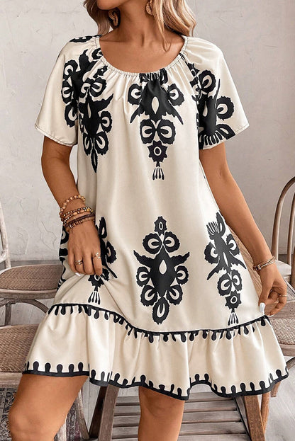 Apricot Ethnic Print Ruffle Hem Loose Mini Dress  DAME BOHEME