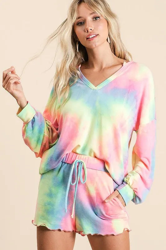 BiBi Tie Dye French Terry Top and Shorts Set Trendsi