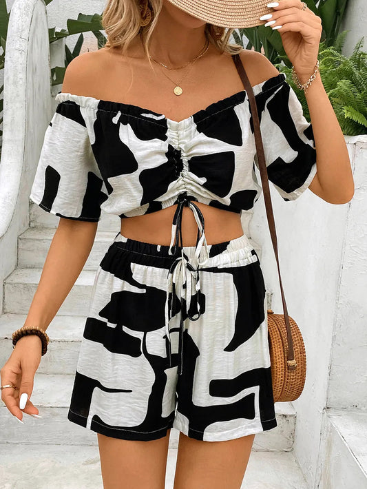 Perfee Drawstring Off-Shoulder Crop Top and Shorts Set Trendsi