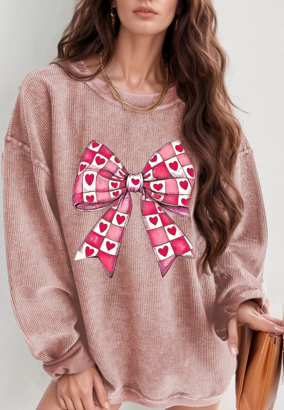 Valentine’s Day Bow Drop Shoulder Long Sleeve Sweatshirt  DAME BOHEME