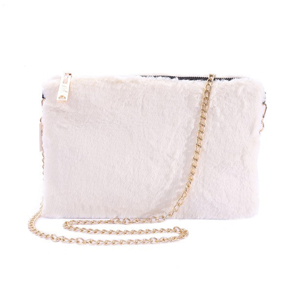 Faux Fur Clutch with Detachable Gold Chain Strap