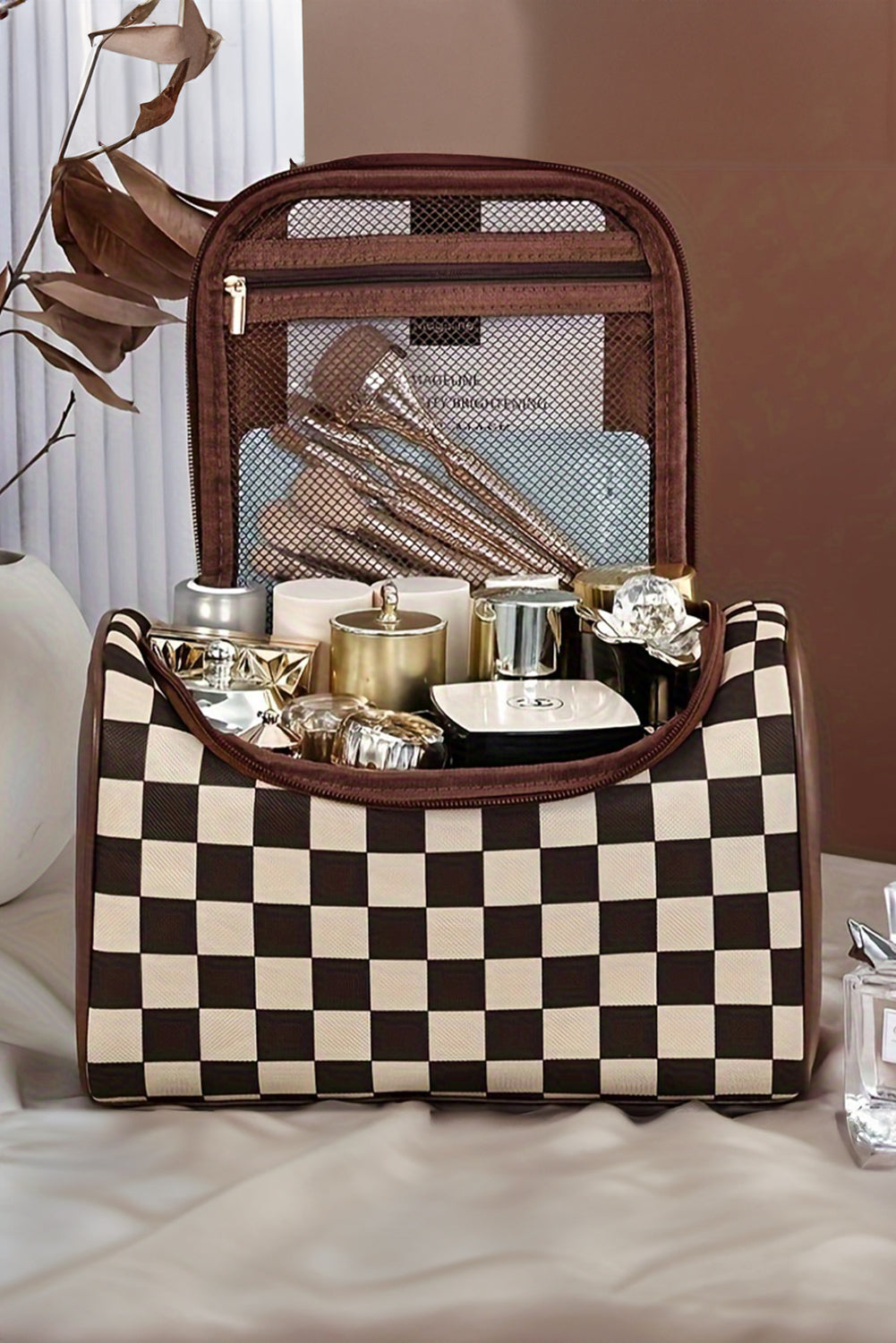Black Checkered Zipper Makeup Bag  DAME BOHEME