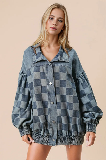 Double Take Checkered Button Up Denim Jacket  DAME BOHEME