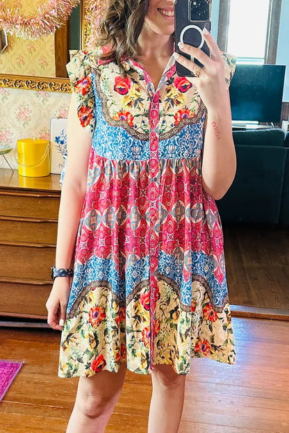 Floral Mixed Pattern Buttoned Dress