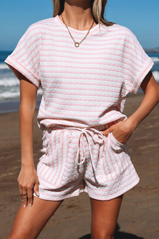 Stripe Knitted Short Sleeve Top and Drawstring Shorts Set  DAME BOHEME
